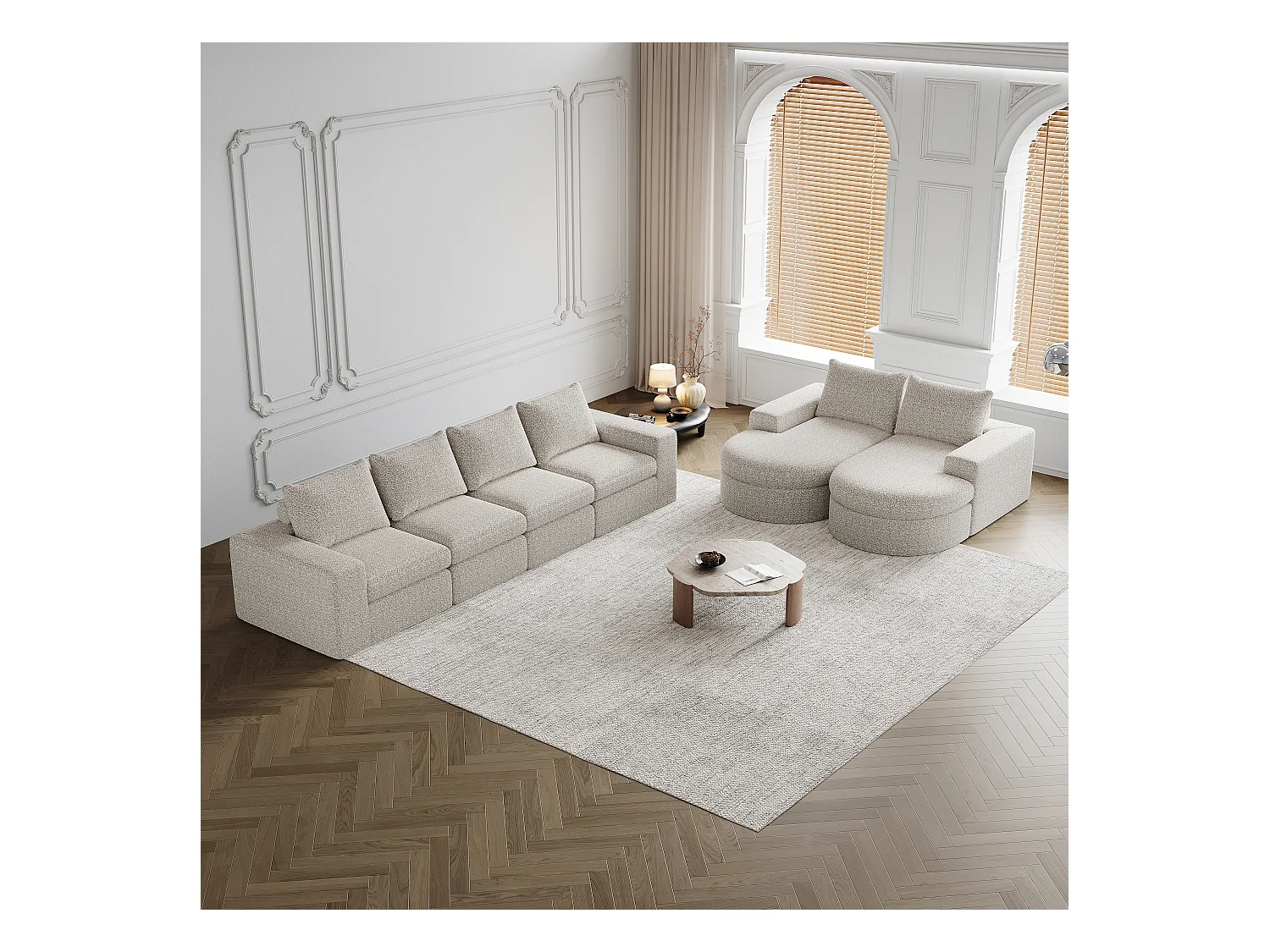 Canapé modulaire en chenille avec éléments incurvés et repose-pied, design compressé, mousse haute densité, beige (114x43x43 cm)
