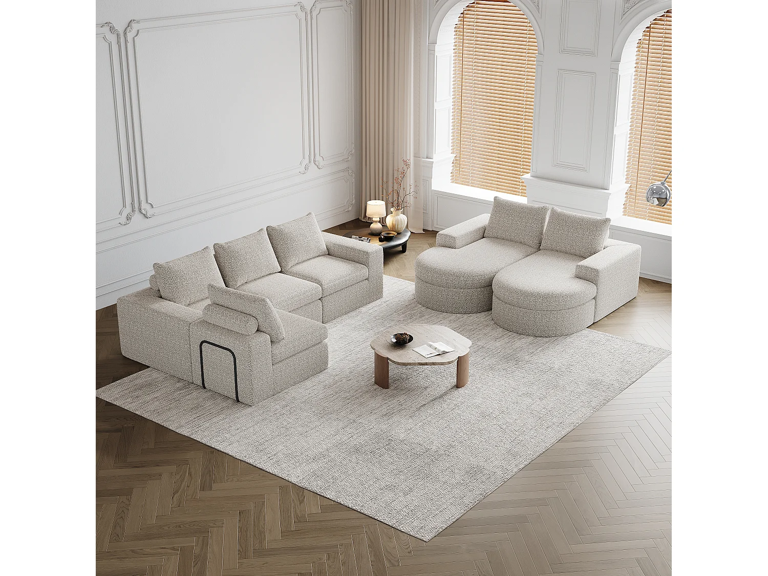 Modulaire chenillebank met gebogen elementen en voetenbank, gecomprimeerd ontwerp, schuim met hoge dichtheid, beige (114x43x43 cm)