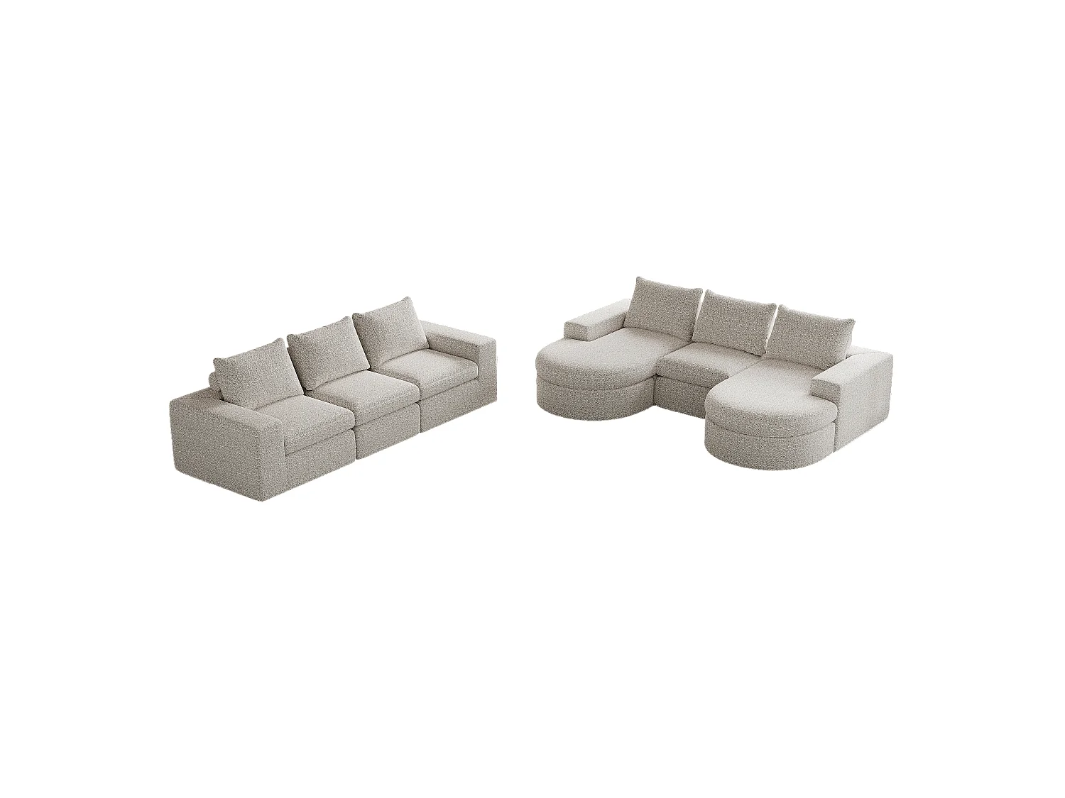 Modulaire chenillebank met gebogen elementen en voetenbank, gecomprimeerd ontwerp, schuim met hoge dichtheid, beige (114x43x43 cm)