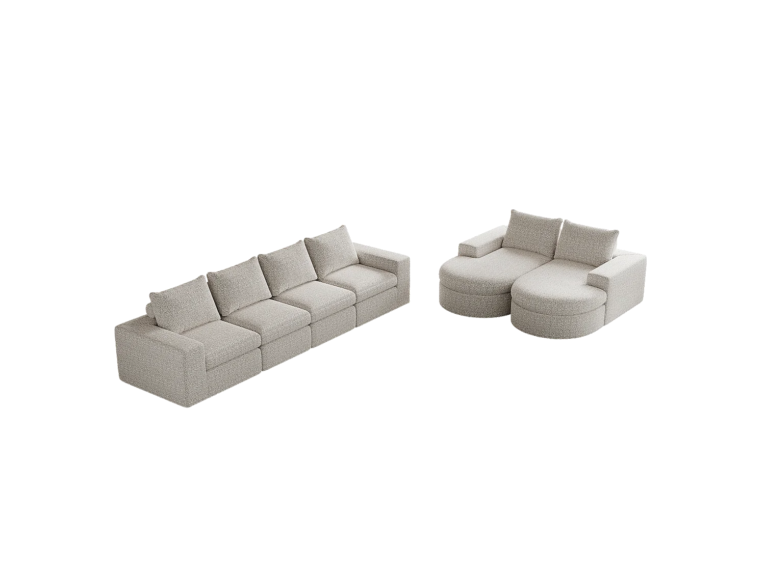 Canapé modulaire en chenille avec éléments incurvés et repose-pied, design compressé, mousse haute densité, beige (114x43x43 cm)