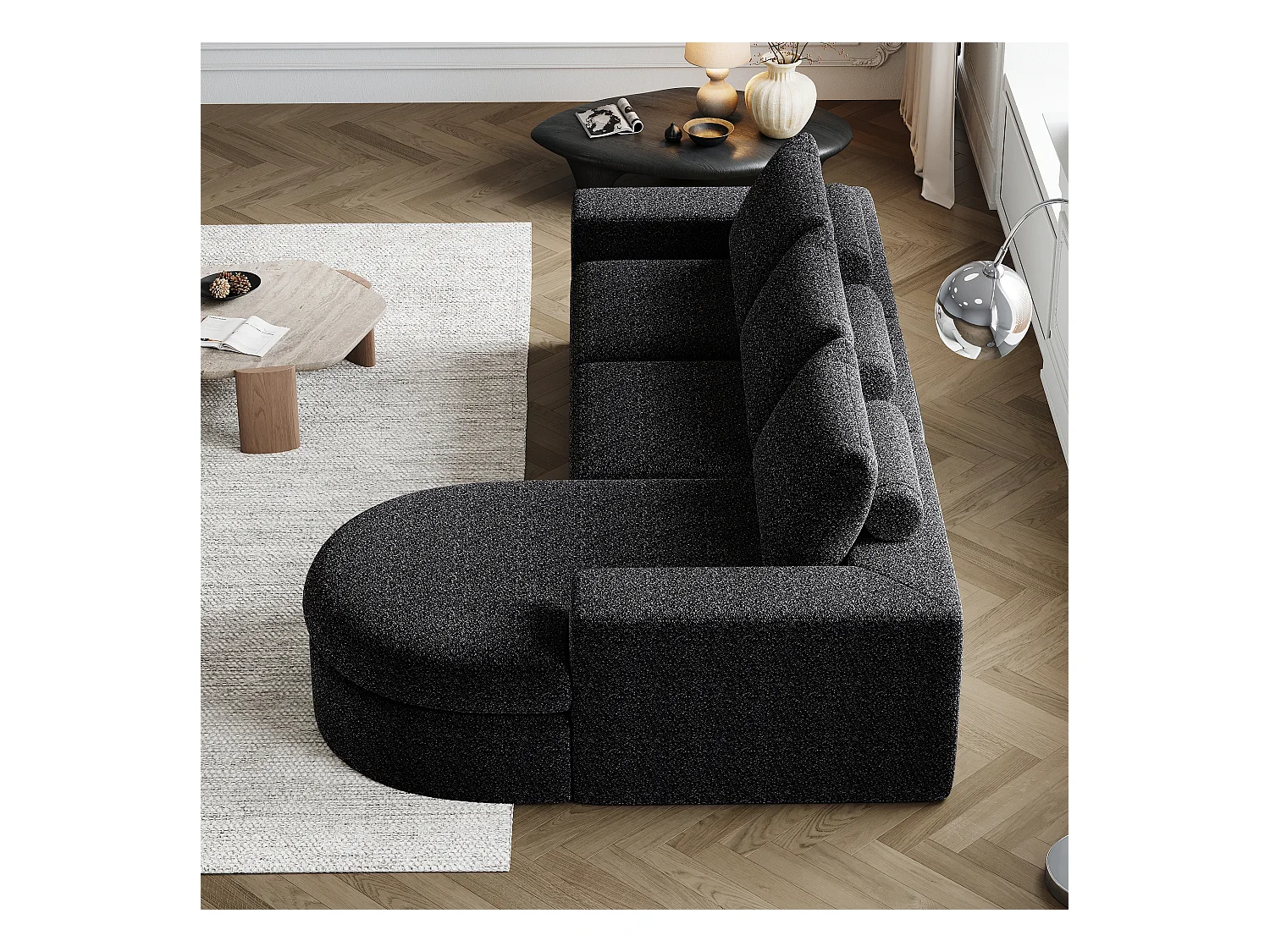 Canapé modulaire en chenille avec éléments incurvés et repose-pied, design compressé, mousse haute densité, noir (114x43x43 cm)