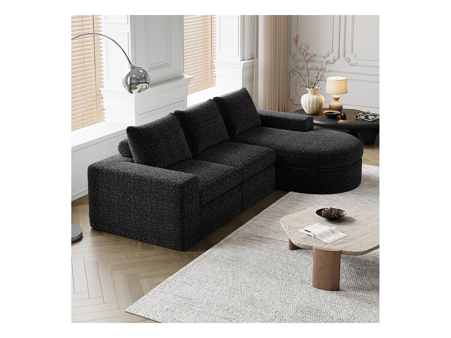 Canapé modulaire en chenille avec éléments incurvés et repose-pied, design compressé, mousse haute densité, noir (114x43x43 cm)