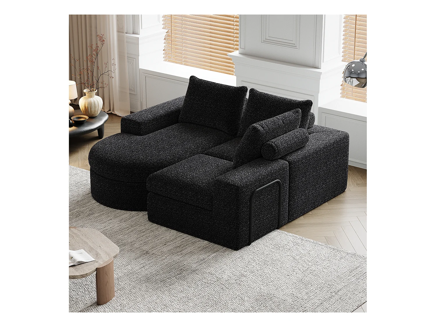 Canapé modulaire en chenille avec éléments incurvés et repose-pied, design compressé, mousse haute densité, noir (114x43x43 cm)