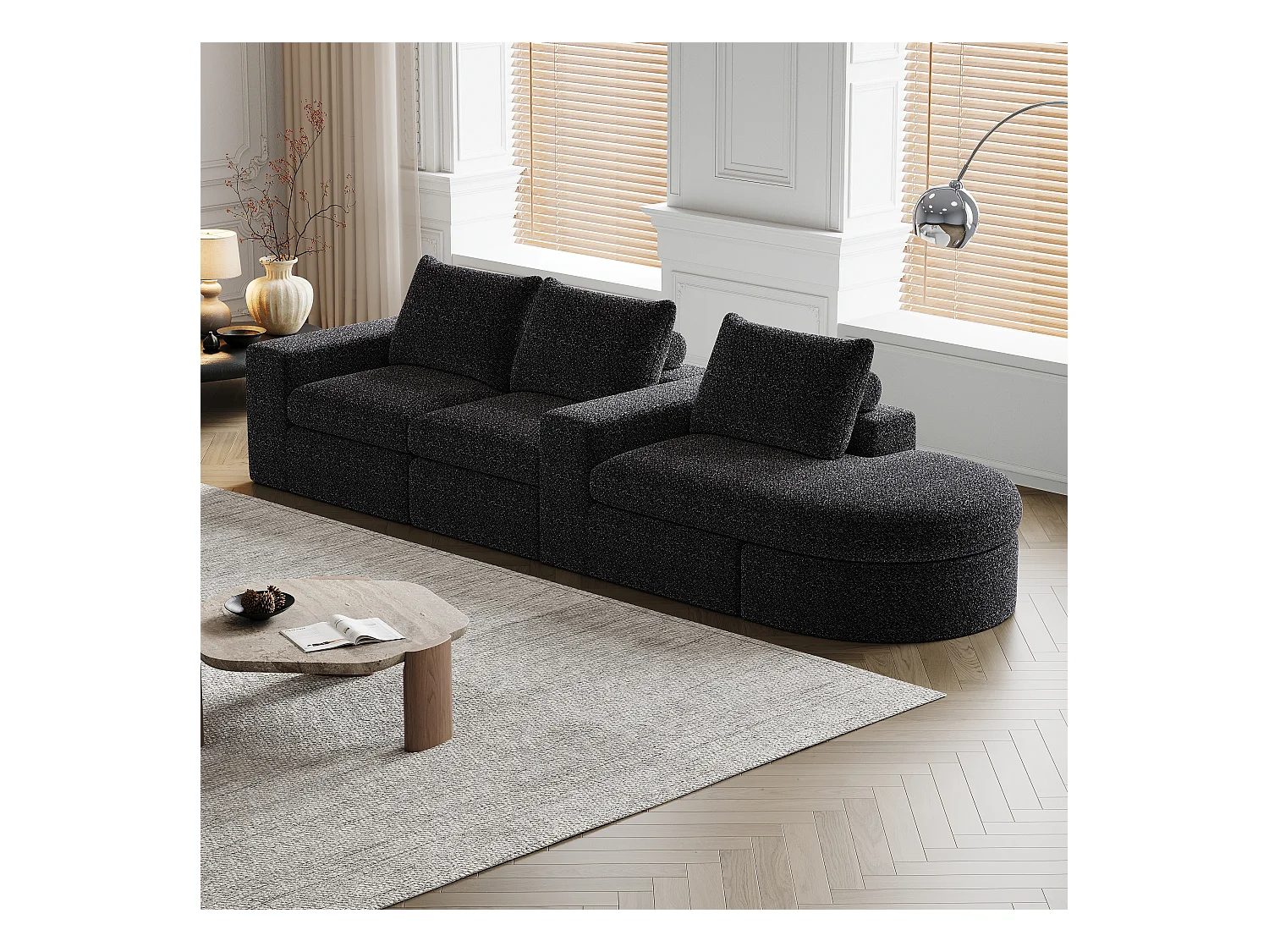 Canapé modulaire en chenille avec éléments incurvés et repose-pied, design compressé, mousse haute densité, noir (114x43x43 cm)