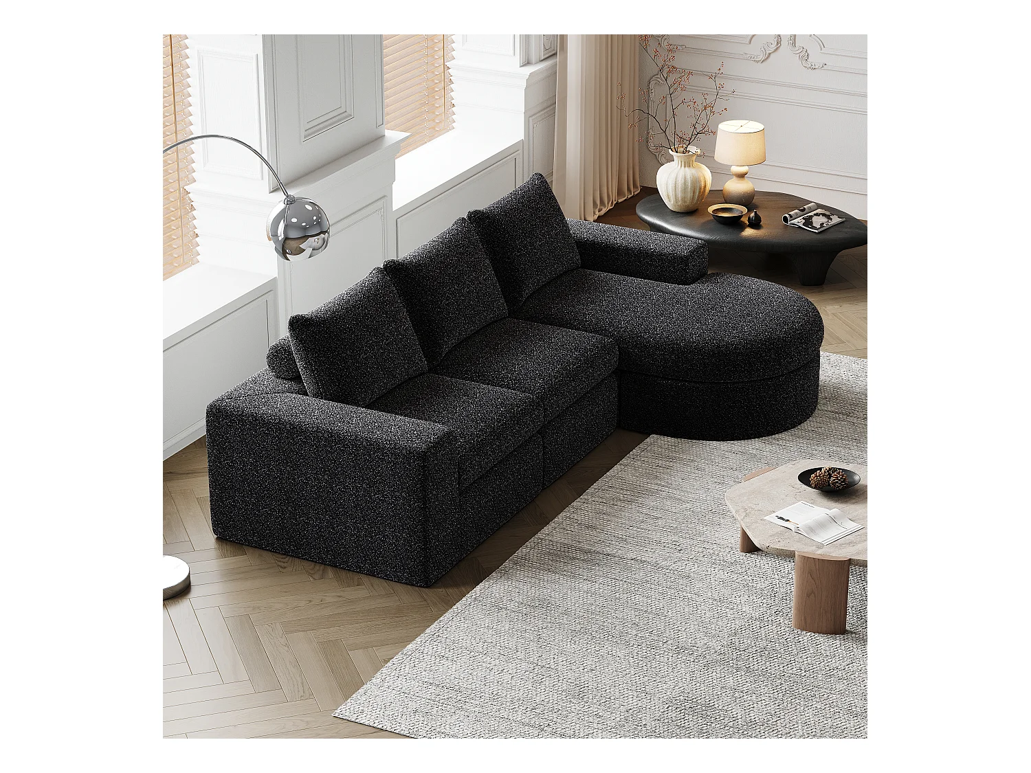 Canapé modulaire en chenille avec éléments incurvés et repose-pied, design compressé, mousse haute densité, noir (114x43x43 cm)
