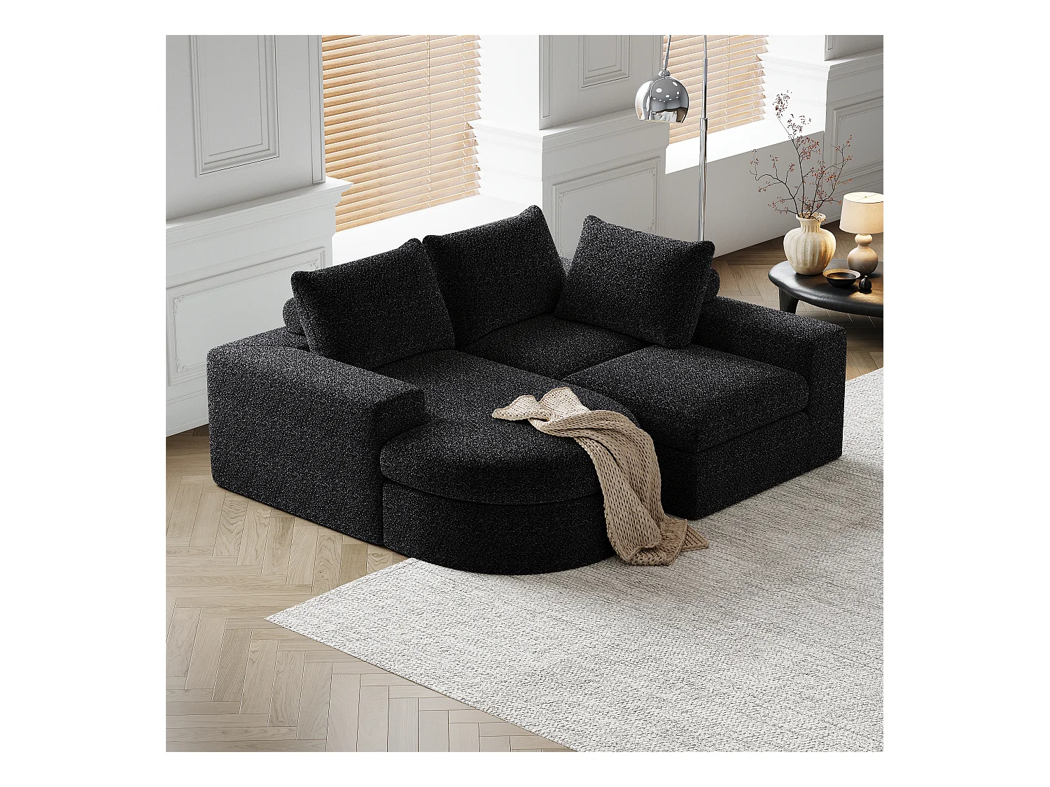 Canapé modulaire en chenille avec éléments incurvés et repose-pied, design compressé, mousse haute densité, noir (114x43x43 cm)