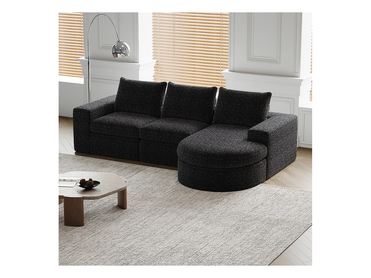 Canapé modulaire en chenille avec éléments incurvés et repose-pied, design compressé, mousse haute densité, noir (114x43x43 cm)
