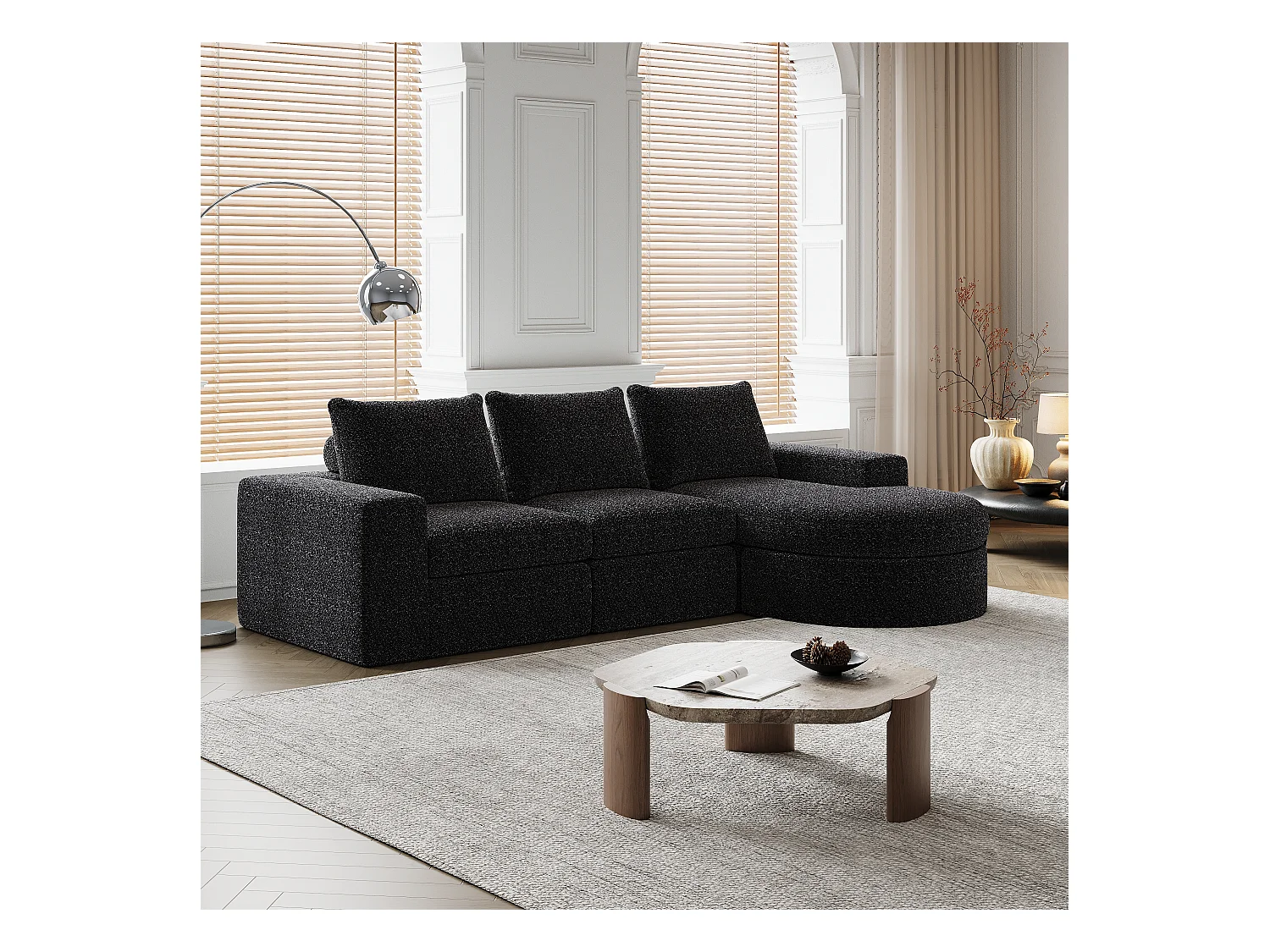 Canapé modulaire en chenille avec éléments incurvés et repose-pied, design compressé, mousse haute densité, noir (114x43x43 cm)