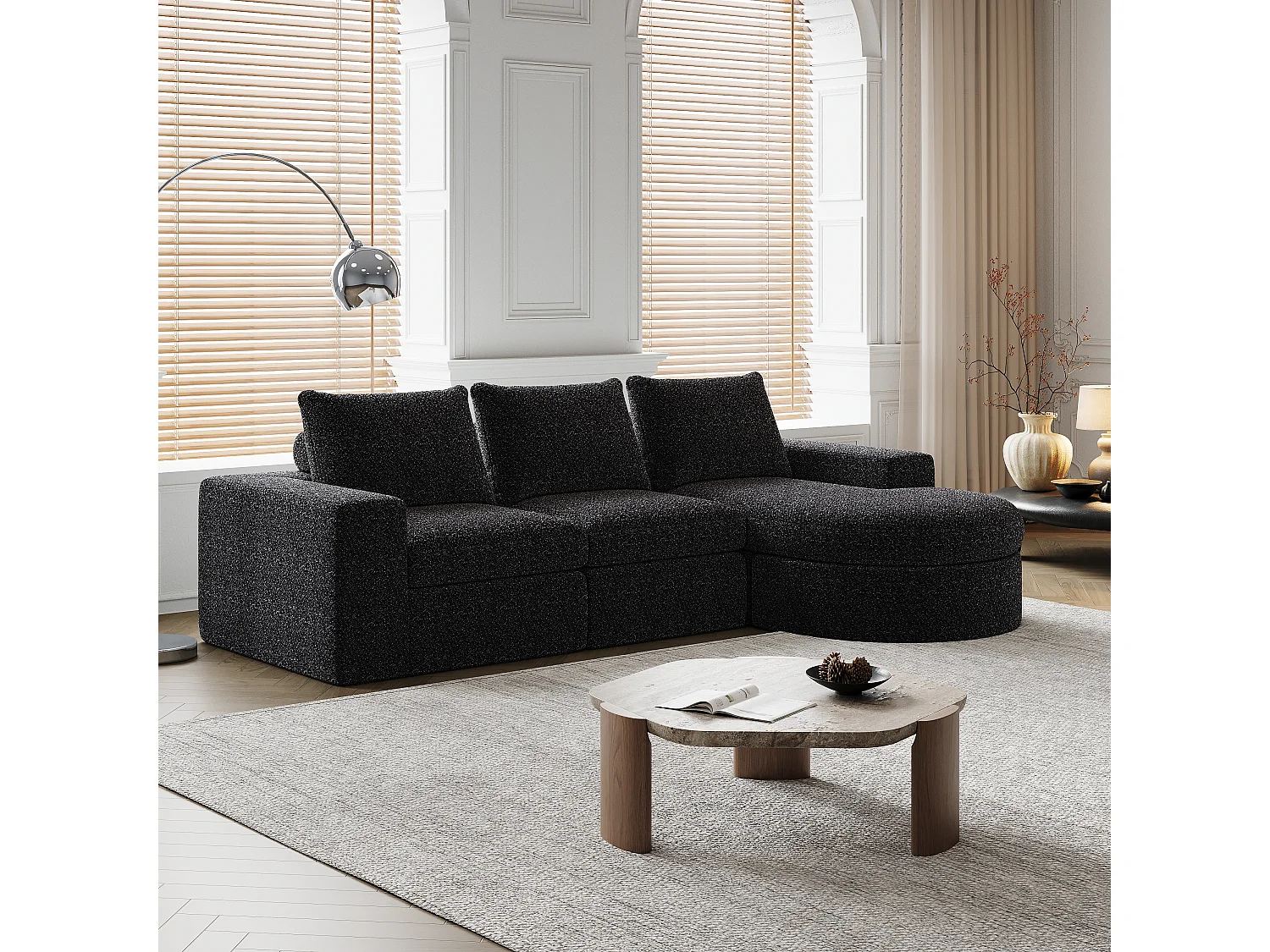 Modulaire chenillebank met gebogen elementen en voetenbank, gecomprimeerd ontwerp, schuim met hoge dichtheid, zwart (114x43x43 cm)