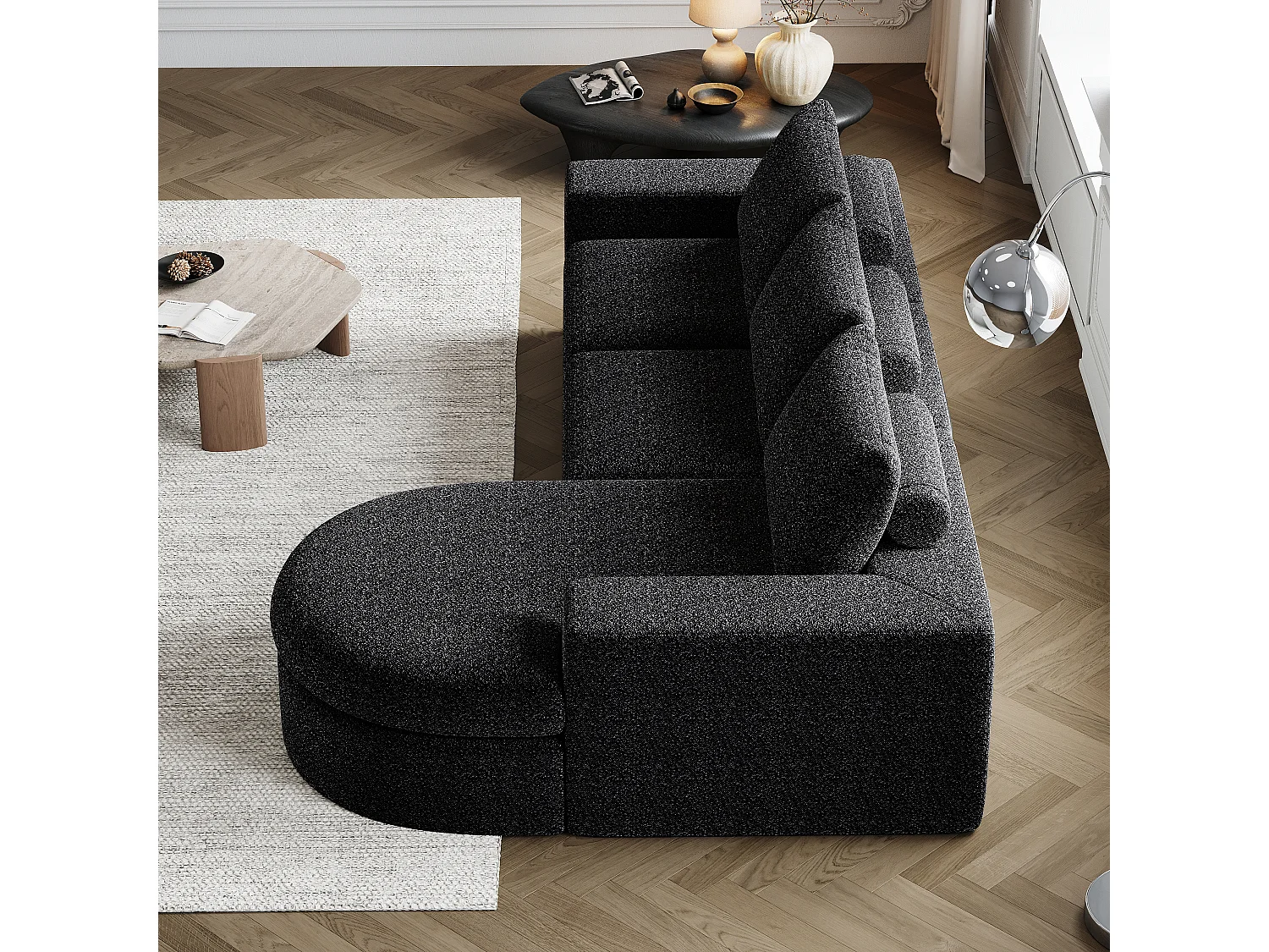 Modulaire chenillebank met gebogen elementen en voetenbank, gecomprimeerd ontwerp, schuim met hoge dichtheid, zwart (114x43x43 cm)