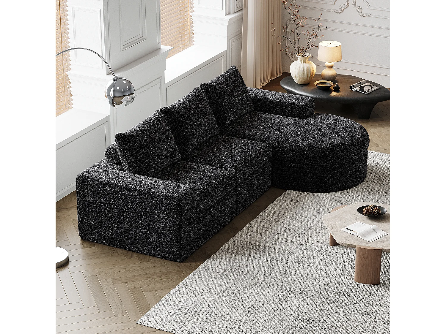 Modulaire chenillebank met gebogen elementen en voetenbank, gecomprimeerd ontwerp, schuim met hoge dichtheid, zwart (114x43x43 cm)