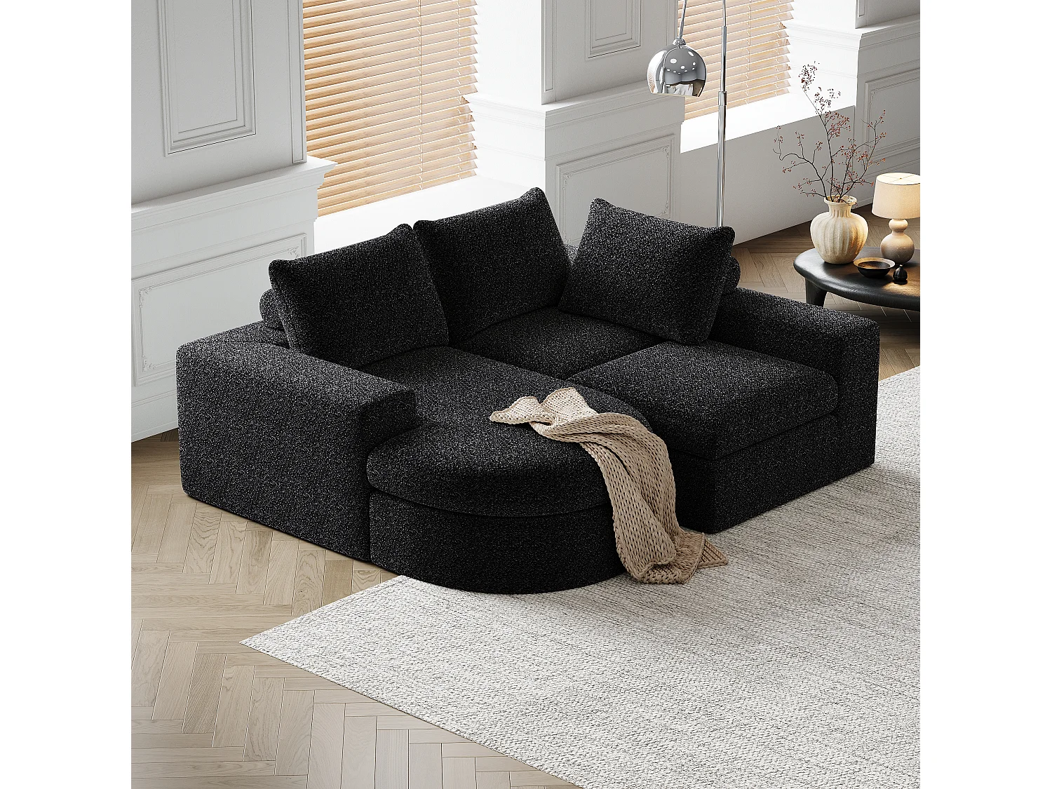 Modulaire chenillebank met gebogen elementen en voetenbank, gecomprimeerd ontwerp, schuim met hoge dichtheid, zwart (114x43x43 cm)