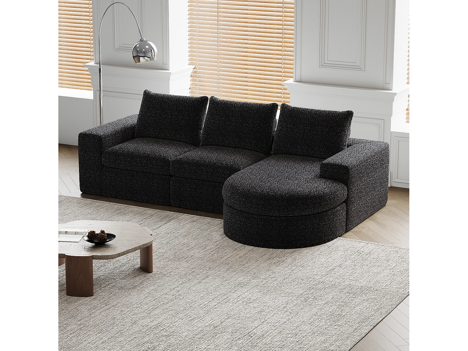 Modulaire chenillebank met gebogen elementen en voetenbank, gecomprimeerd ontwerp, schuim met hoge dichtheid, zwart (114x43x43 cm)