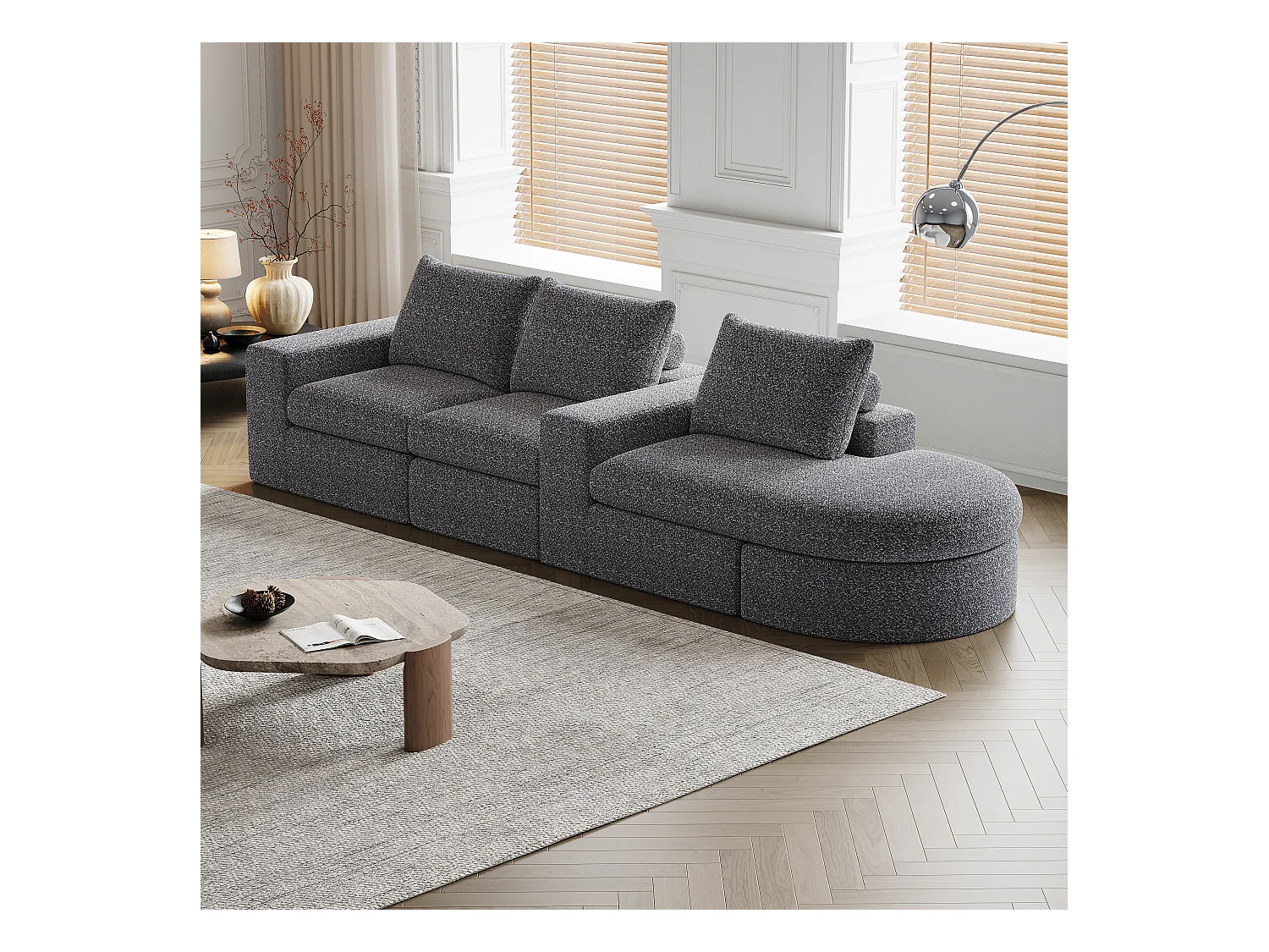Canapé modulaire en chenille avec éléments incurvés et repose-pied, design compressé, sans structure, canapé L, mousse haute densité, gris (114x43x43 cm)
