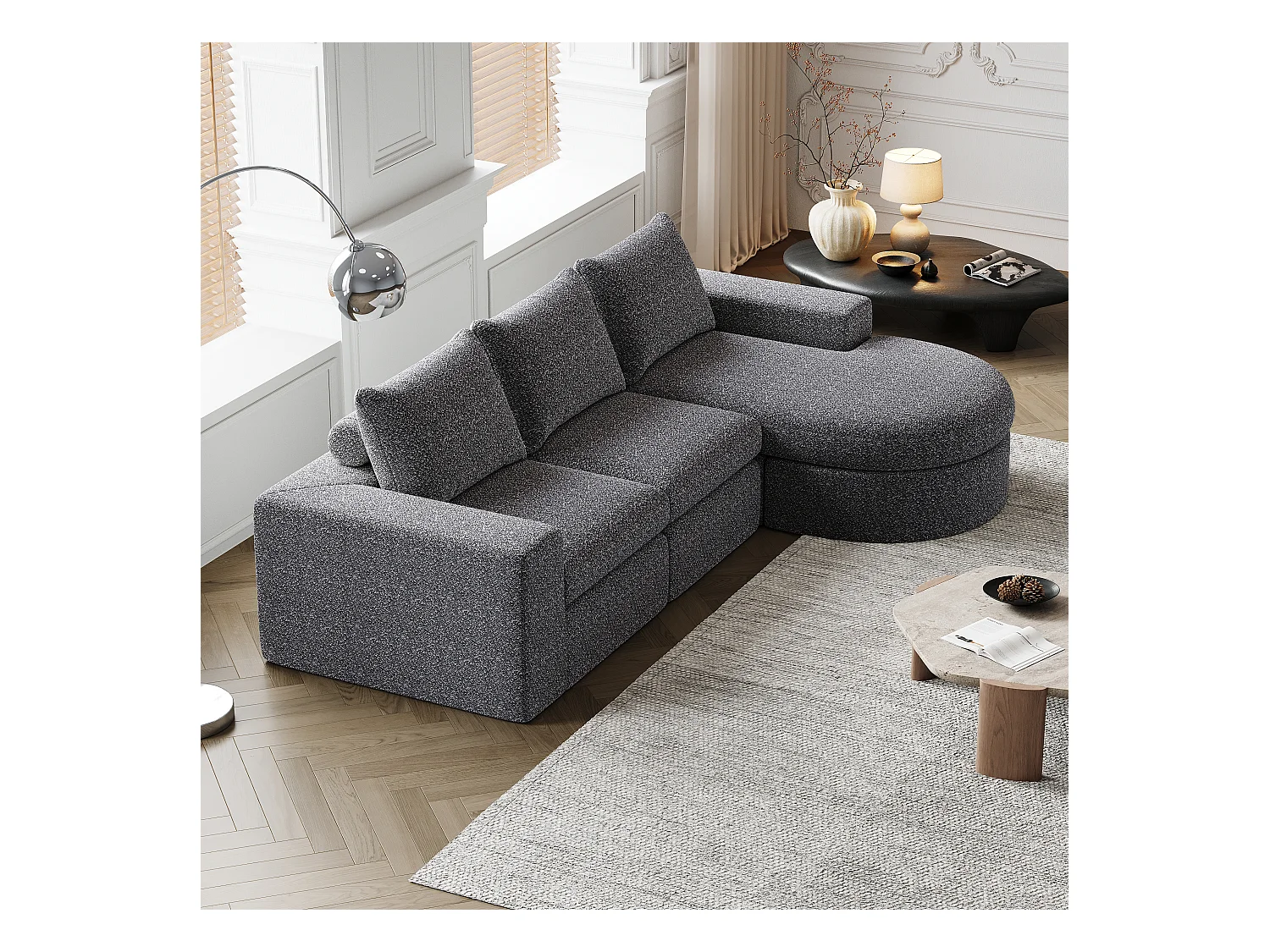 Canapé modulaire en chenille avec éléments incurvés et repose-pied, design compressé, sans structure, canapé L, mousse haute densité, gris (114x43x43 cm)