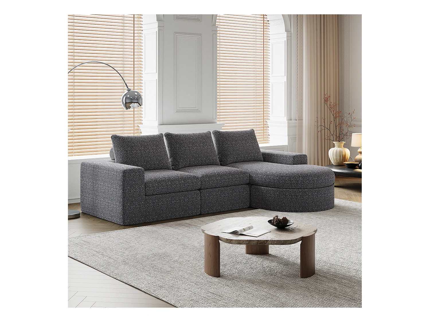 Canapé modulaire en chenille avec éléments incurvés et repose-pied, design compressé, sans structure, canapé L, mousse haute densité, gris (114x43x43 cm)