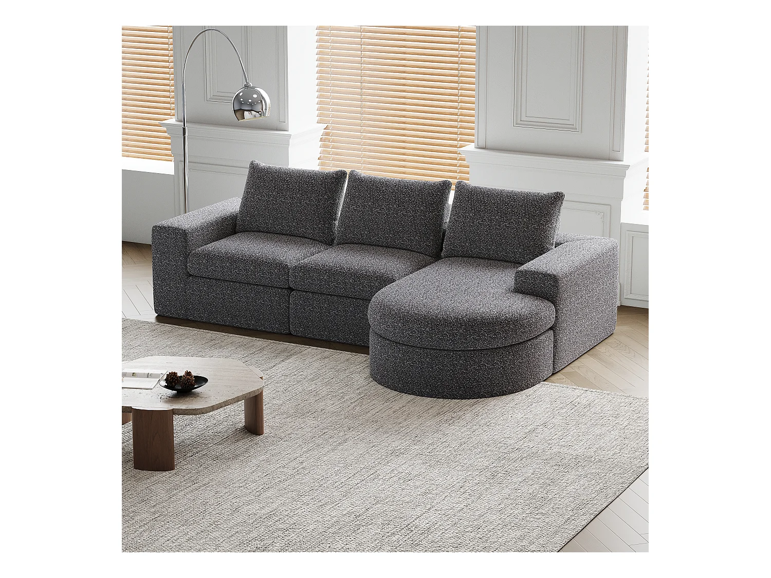 Canapé modulaire en chenille avec éléments incurvés et repose-pied, design compressé, sans structure, canapé L, mousse haute densité, gris (114x43x43 cm)