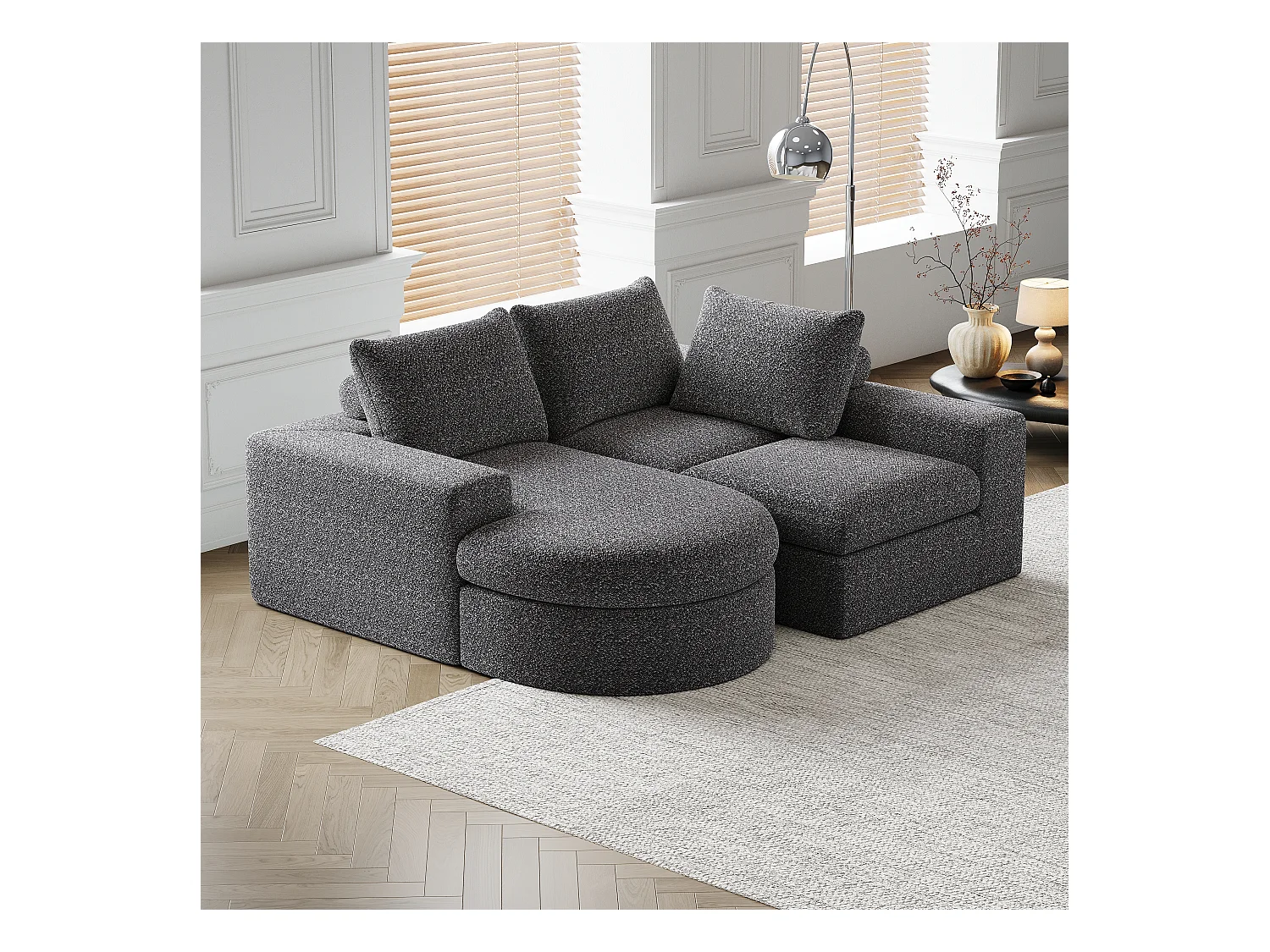 Canapé modulaire en chenille avec éléments incurvés et repose-pied, design compressé, sans structure, canapé L, mousse haute densité, gris (114x43x43 cm)