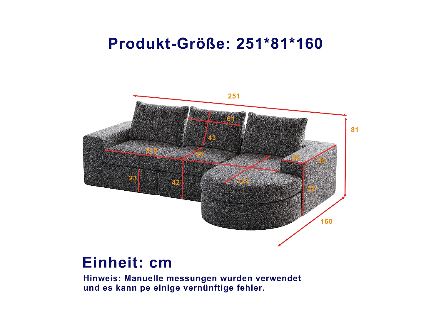 Modulaire chenillebank met gebogen elementen en voetenbank, gecomprimeerd ontwerp, zonder structuur, L-vormige bank, schuim met hoge dichtheid, grijs (114x43x43 cm)