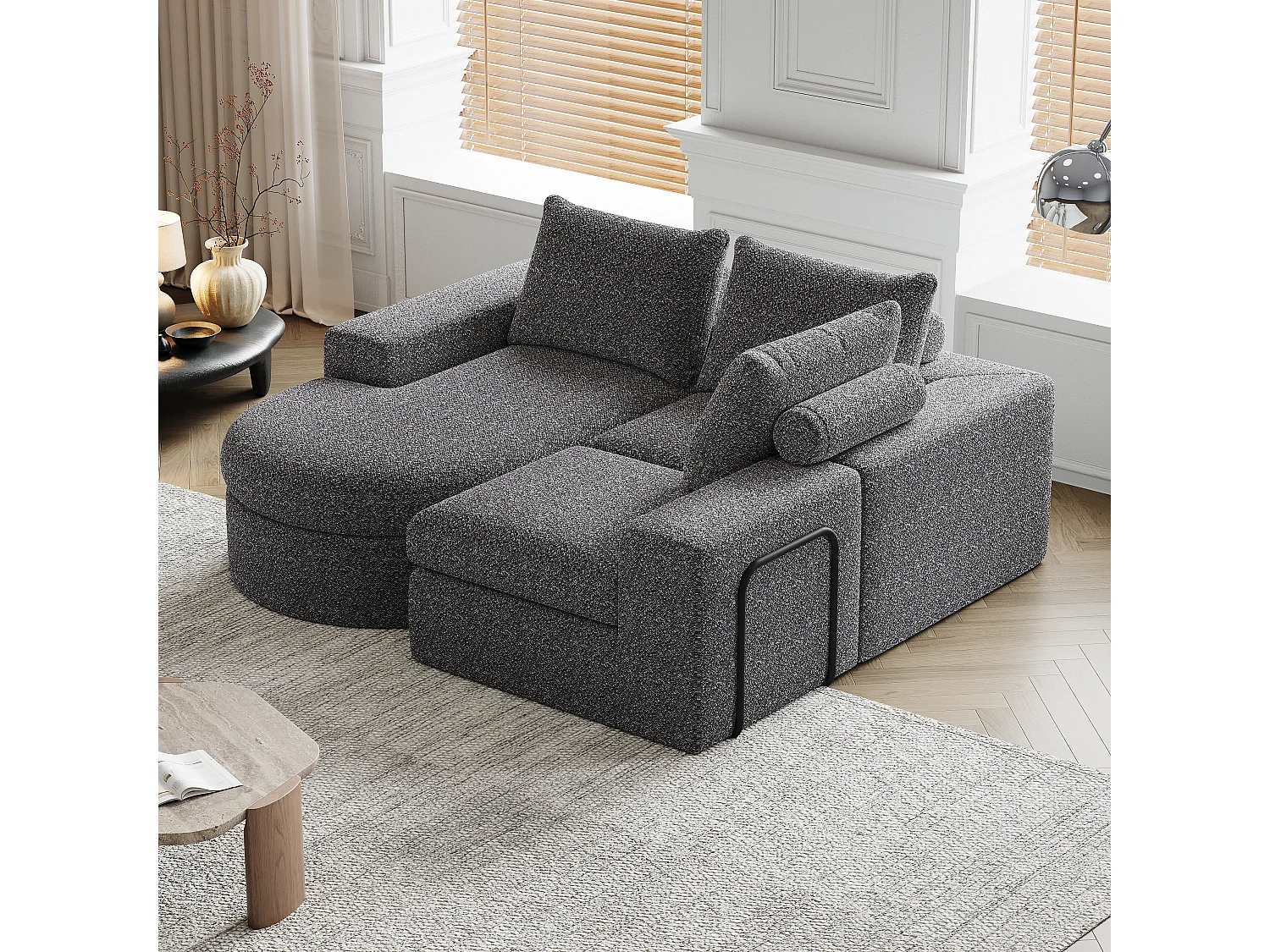 Modulaire chenillebank met gebogen elementen en voetenbank, gecomprimeerd ontwerp, zonder structuur, L-vormige bank, schuim met hoge dichtheid, grijs (114x43x43 cm)