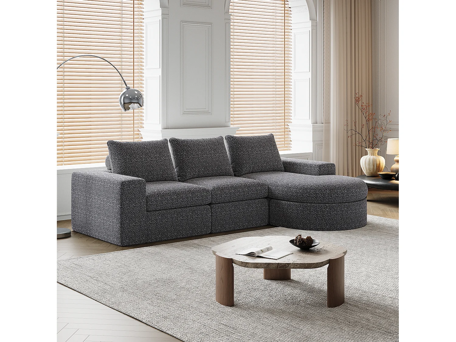 Modulaire chenillebank met gebogen elementen en voetenbank, gecomprimeerd ontwerp, zonder structuur, L-vormige bank, schuim met hoge dichtheid, grijs (114x43x43 cm)