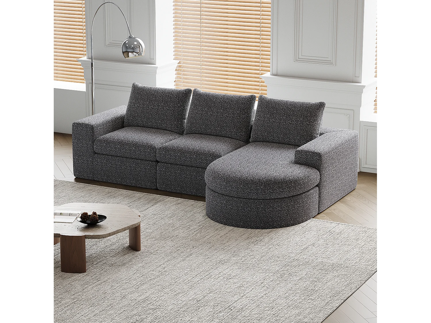 Modulaire chenillebank met gebogen elementen en voetenbank, gecomprimeerd ontwerp, zonder structuur, L-vormige bank, schuim met hoge dichtheid, grijs (114x43x43 cm)