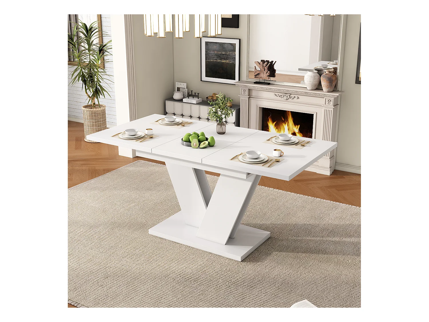 Table à manger extensible, MDF, blanche, pieds en V, 120/160x80 cm, pour 4-6 personnes