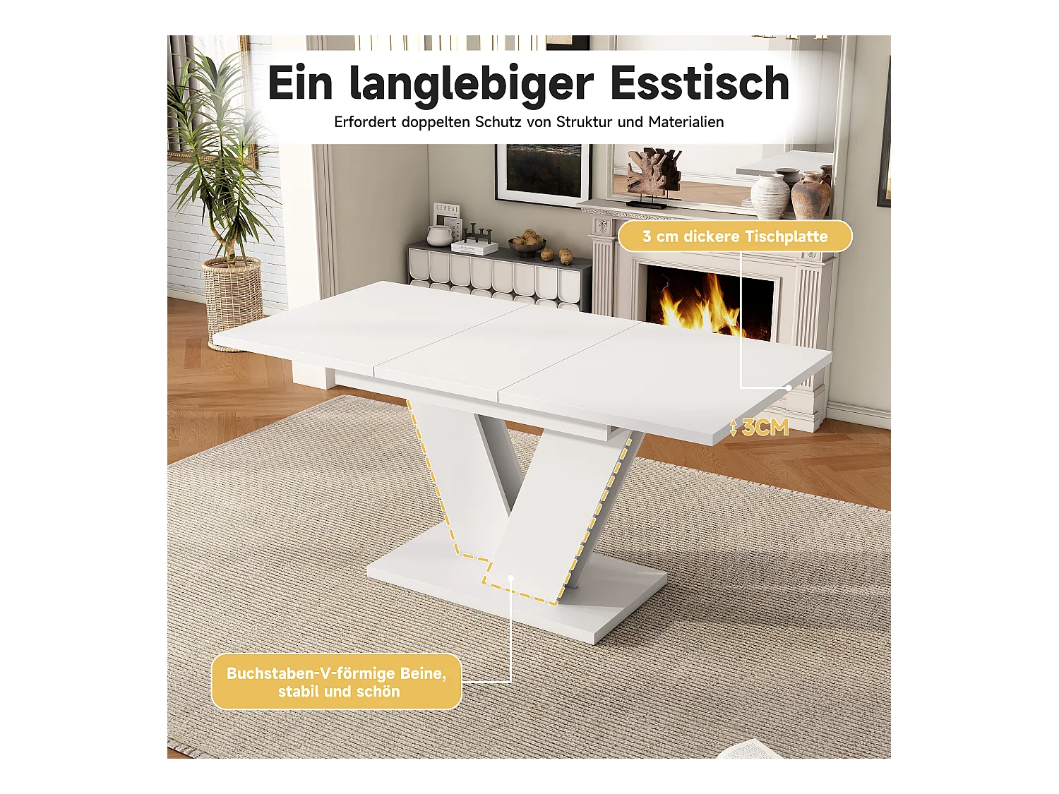 Table à manger extensible, MDF, blanche, pieds en V, 120/160x80 cm, pour 4-6 personnes