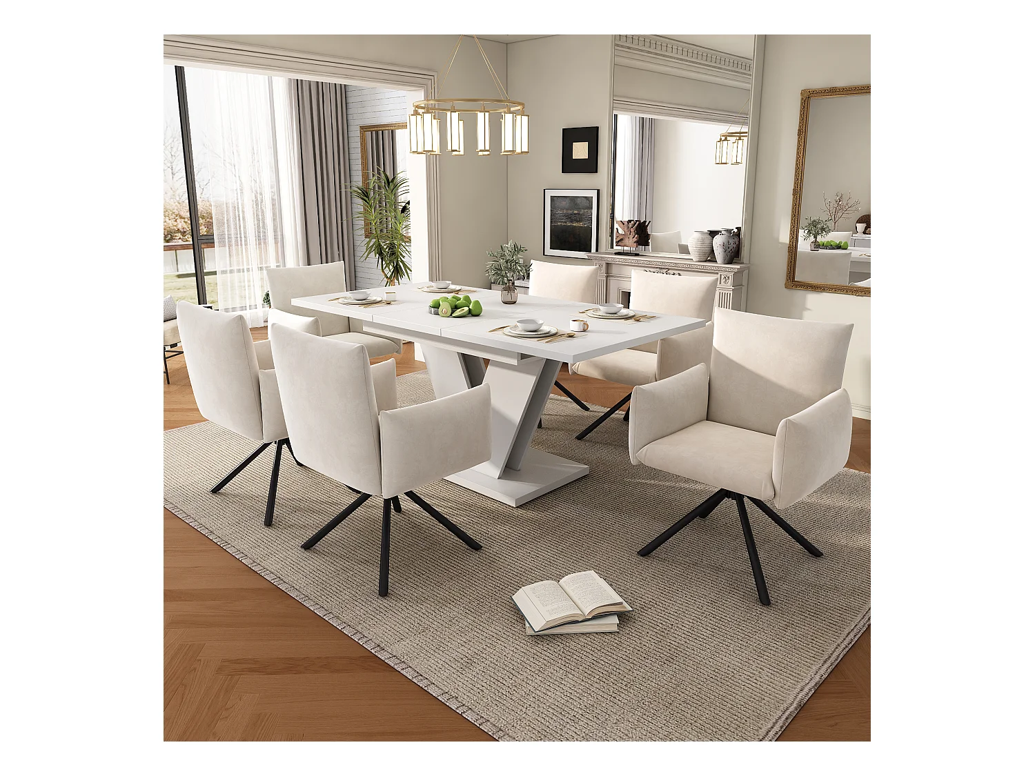 Table à manger extensible, MDF, blanche, pieds en V, 120/160x80 cm, pour 4-6 personnes