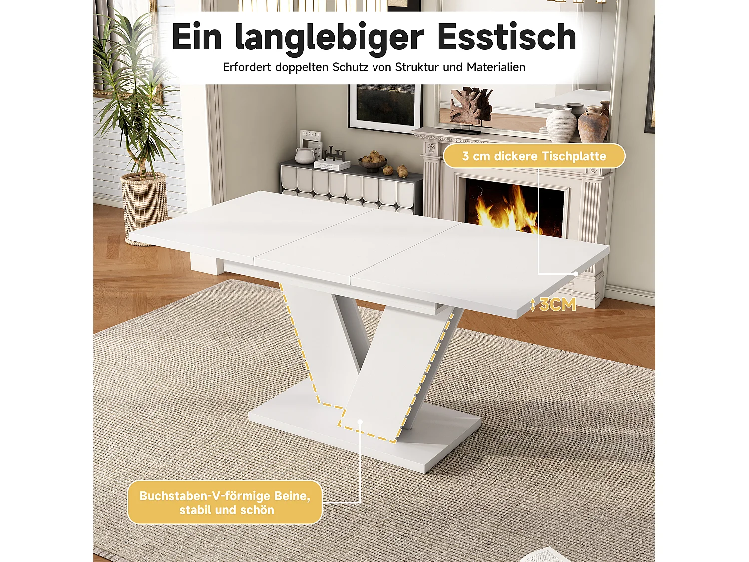 Table à manger extensible, MDF, blanche, pieds en V, 120/160x80 cm, pour 4-6 personnes