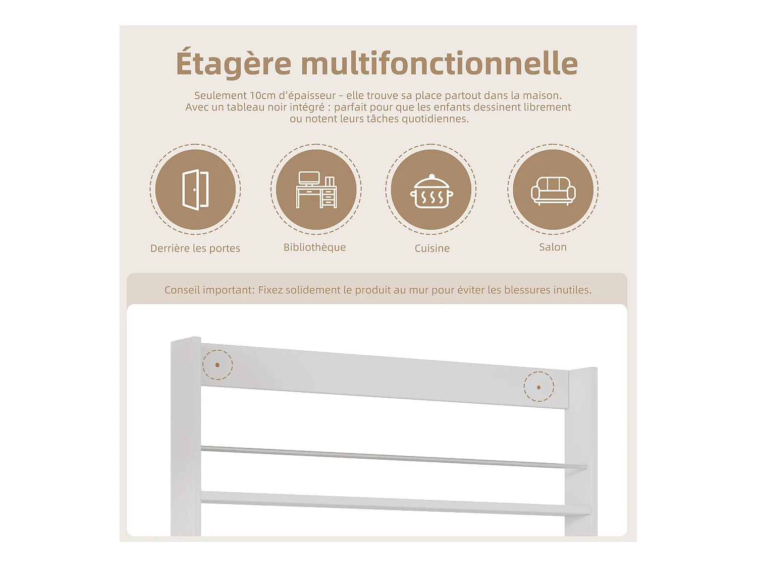 Étagère de rangement d'enfant 2 pièces - 200 x 10 x 180 cm - à 4 niveaux + tableau noir à peindre - MDF + Métal - blanc