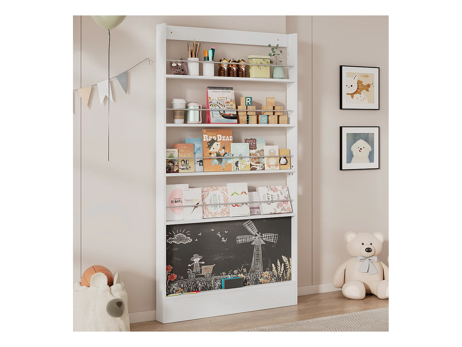 Étagère de rangement d'enfant 2 pièces - 200 x 10 x 180 cm - à 4 niveaux + tableau noir à peindre - MDF + Métal - blanc