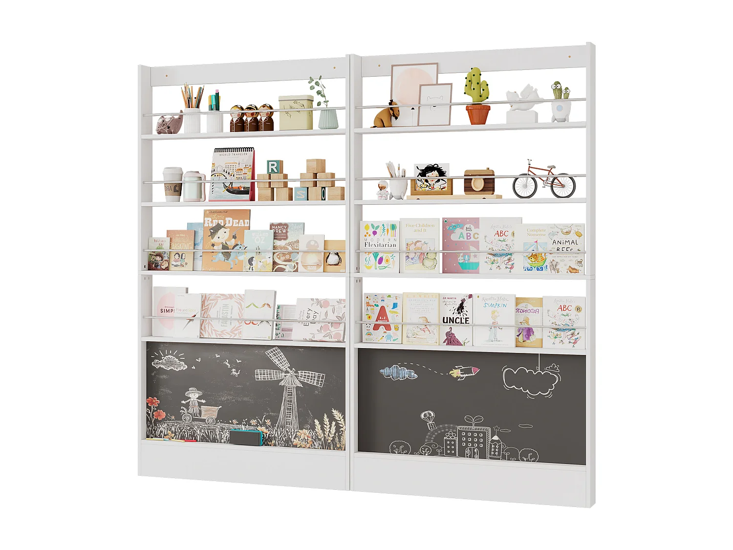 Étagère de rangement d'enfant 2 pièces - 200 x 10 x 180 cm - à 4 niveaux + tableau noir à peindre - MDF + Métal - blanc