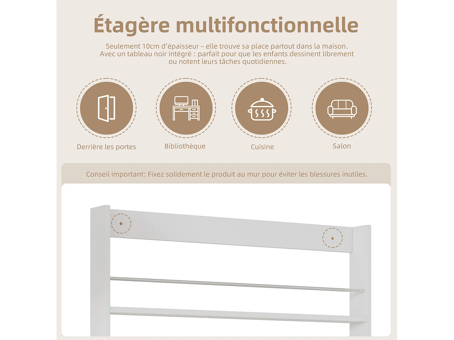 Étagère de rangement d'enfant 2 pièces - 200 x 10 x 180 cm - à 4 niveaux + tableau noir à peindre - MDF + Métal - blanc