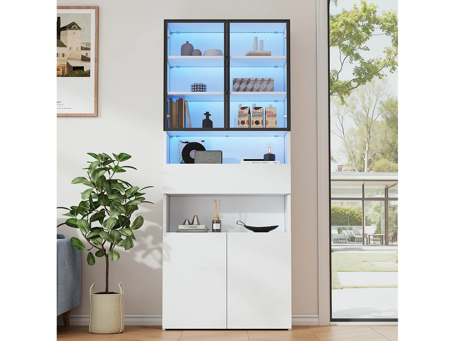 Vitrine en verre - 70 x 30 x 200 cm - avec 1 tiroirs + 2 portes vitrées + Leds - aggloméré - blanc