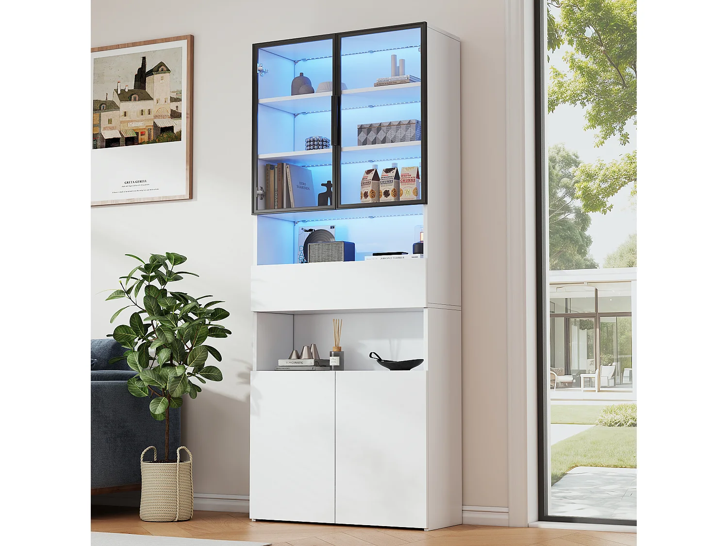 Vitrine en verre - 70 x 30 x 200 cm - avec 1 tiroirs + 2 portes vitrées + Leds - aggloméré - blanc