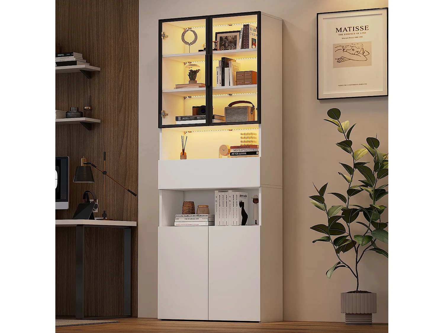 Vitrine en verre - 70 x 30 x 200 cm - avec 1 tiroirs + 2 portes vitrées + Leds - aggloméré - blanc