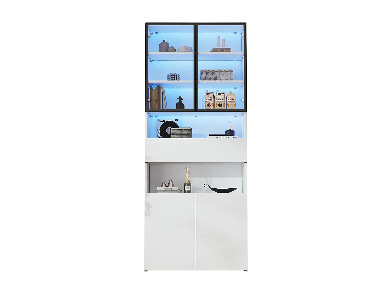 Vitrine en verre - 70 x 30 x 200 cm - avec 1 tiroirs + 2 portes vitrées + Leds - aggloméré - blanc