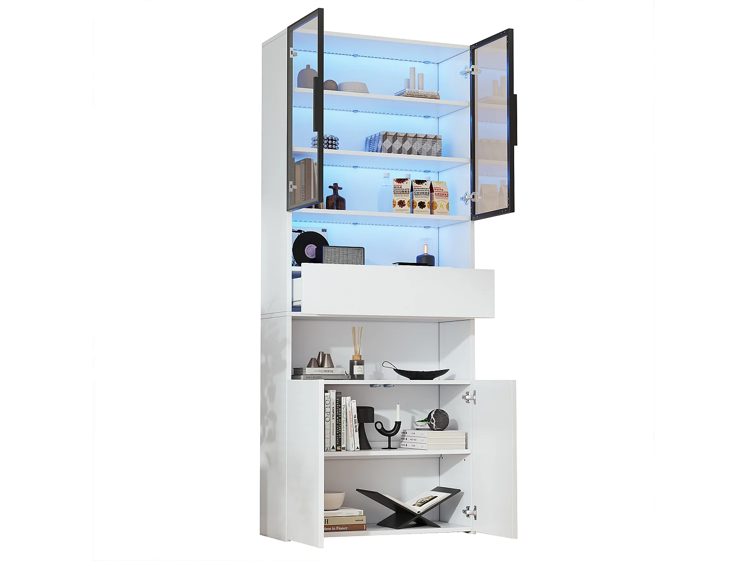 Vitrine en verre - 70 x 30 x 200 cm - avec 1 tiroirs + 2 portes vitrées + Leds - aggloméré - blanc