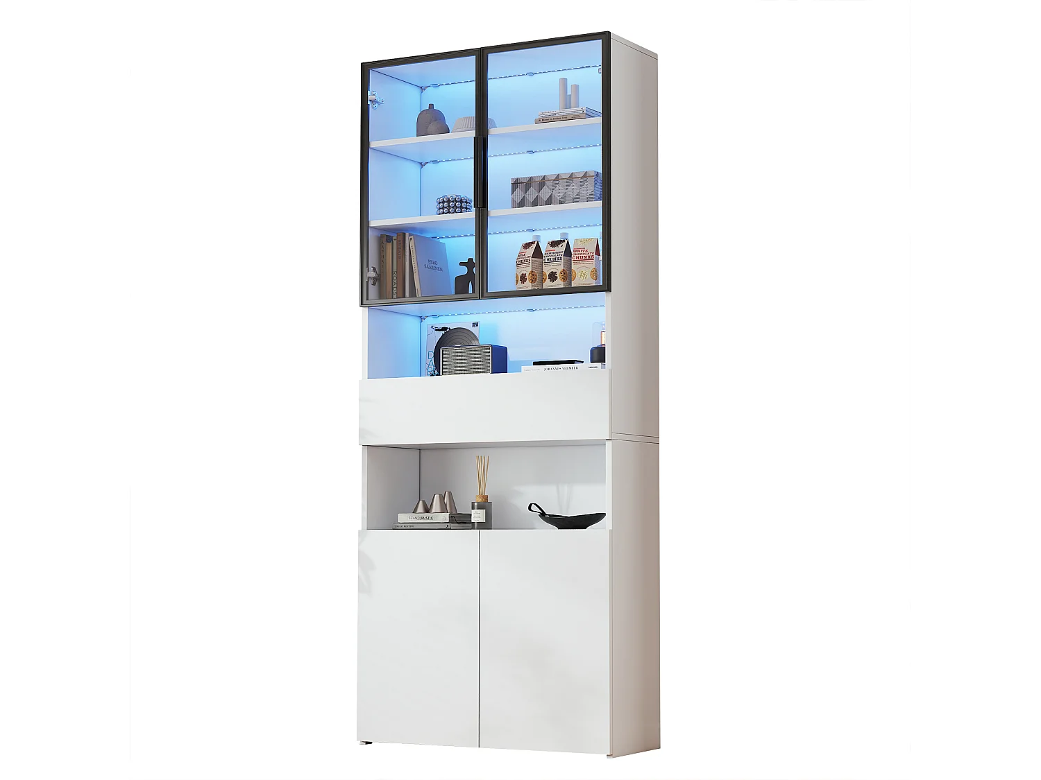 Vitrine en verre - 70 x 30 x 200 cm - avec 1 tiroirs + 2 portes vitrées + Leds - aggloméré - blanc