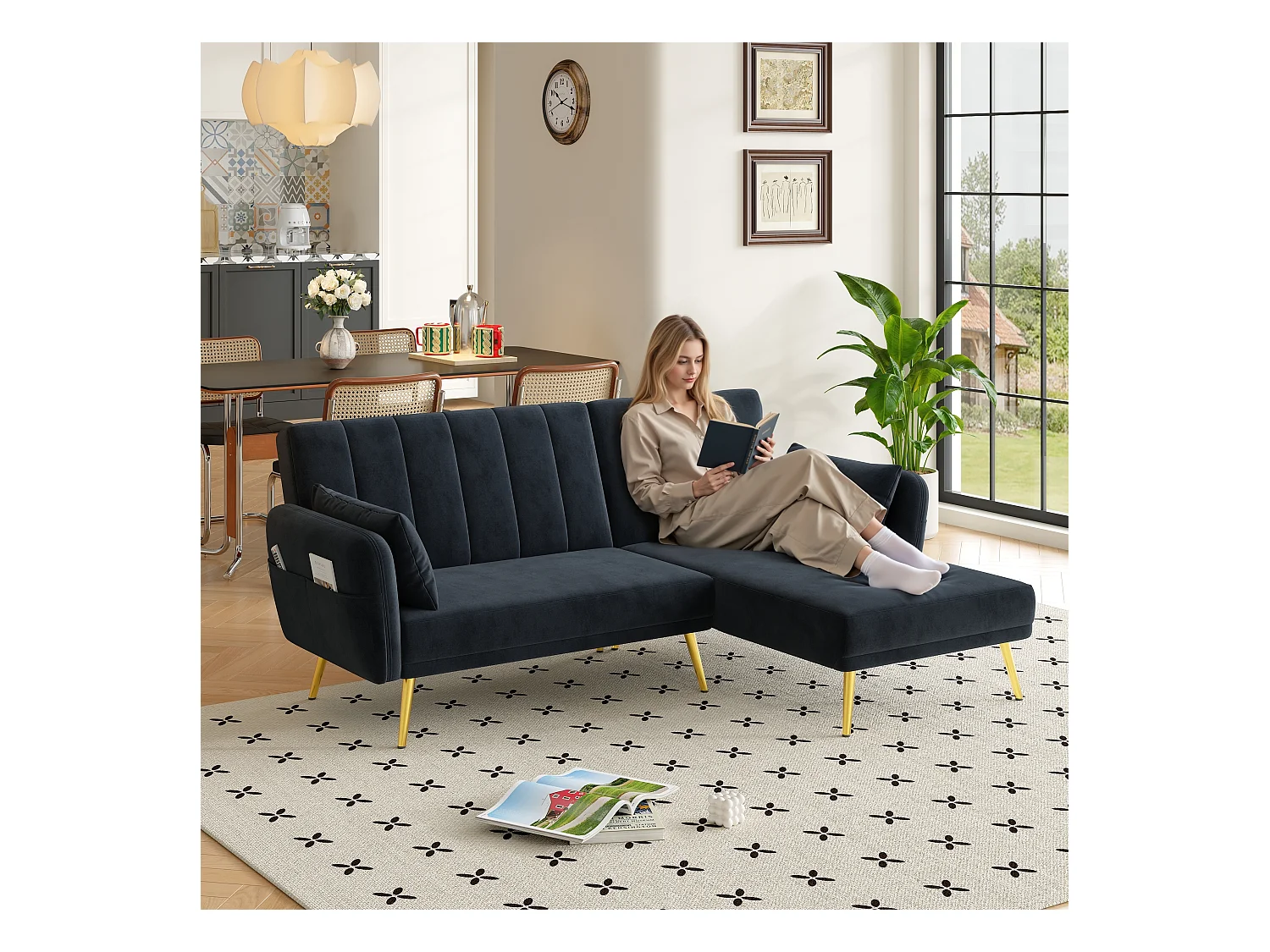 Canapé-lit multifonction, L-forme, tissu velours noir, avec rangement et 3 positions de dossier (191.5x130.5x80 cm)