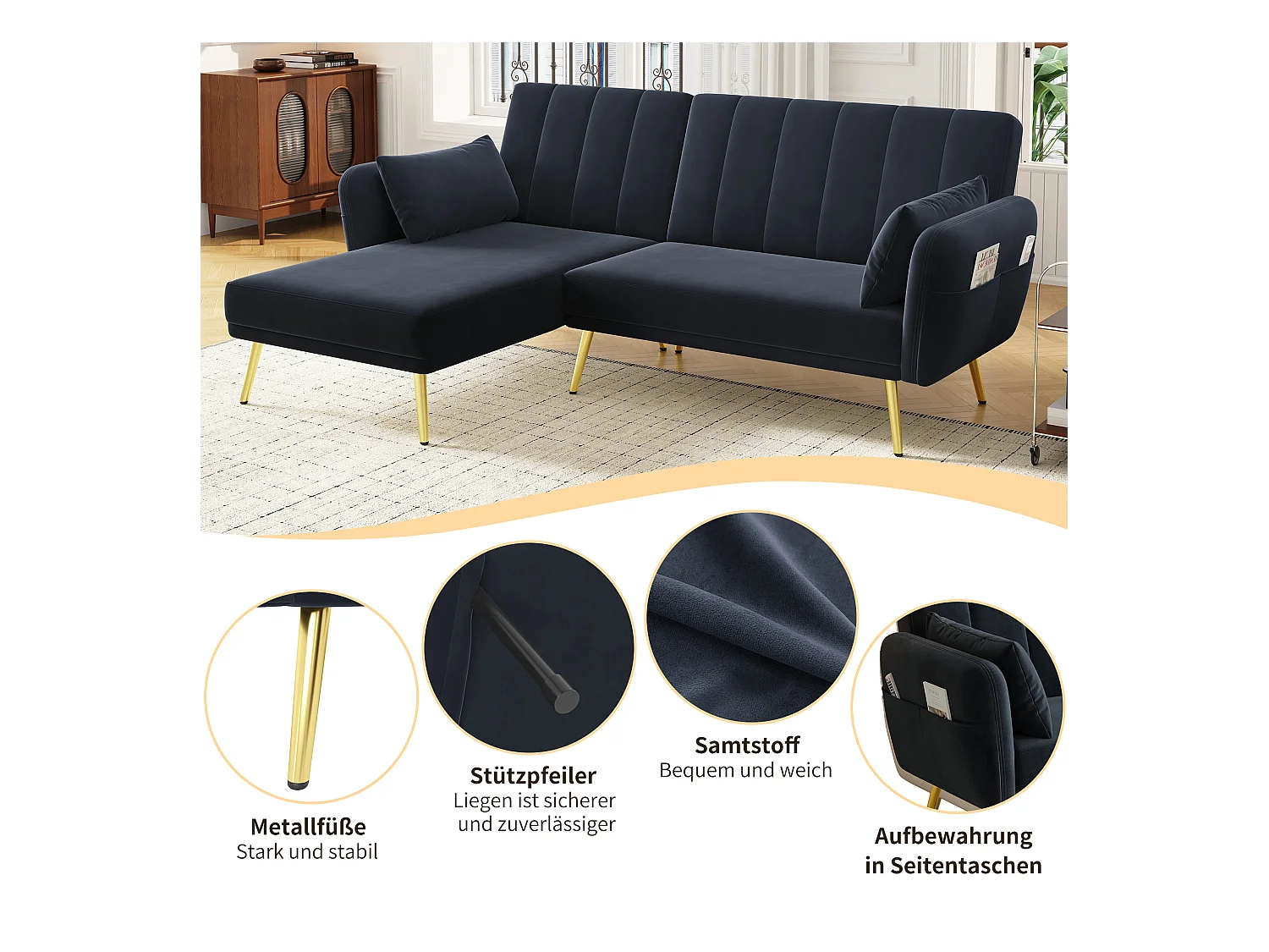 Canapé-lit multifonction, L-forme, tissu velours noir, avec rangement et 3 positions de dossier (191.5x130.5x80 cm)