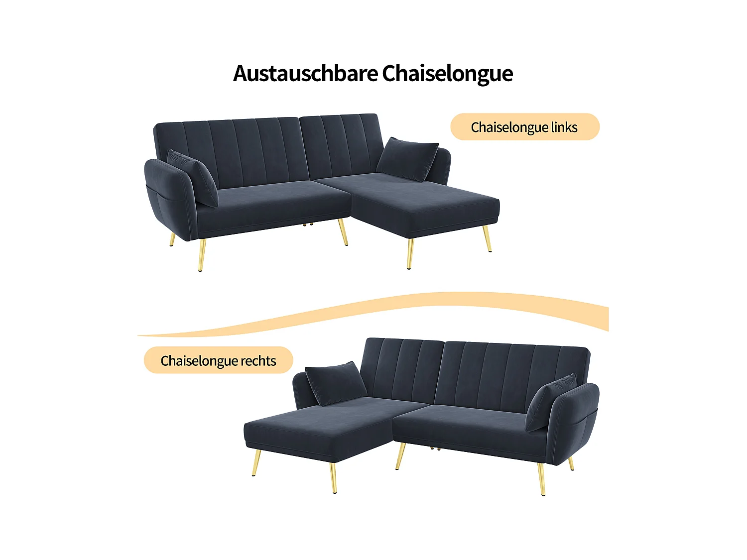 Multifunctionele slaapbank, L-vormig, zwarte fluwelen stof, met opbergruimte en 3 rugleuningposities (191,5x130,5x80 cm)