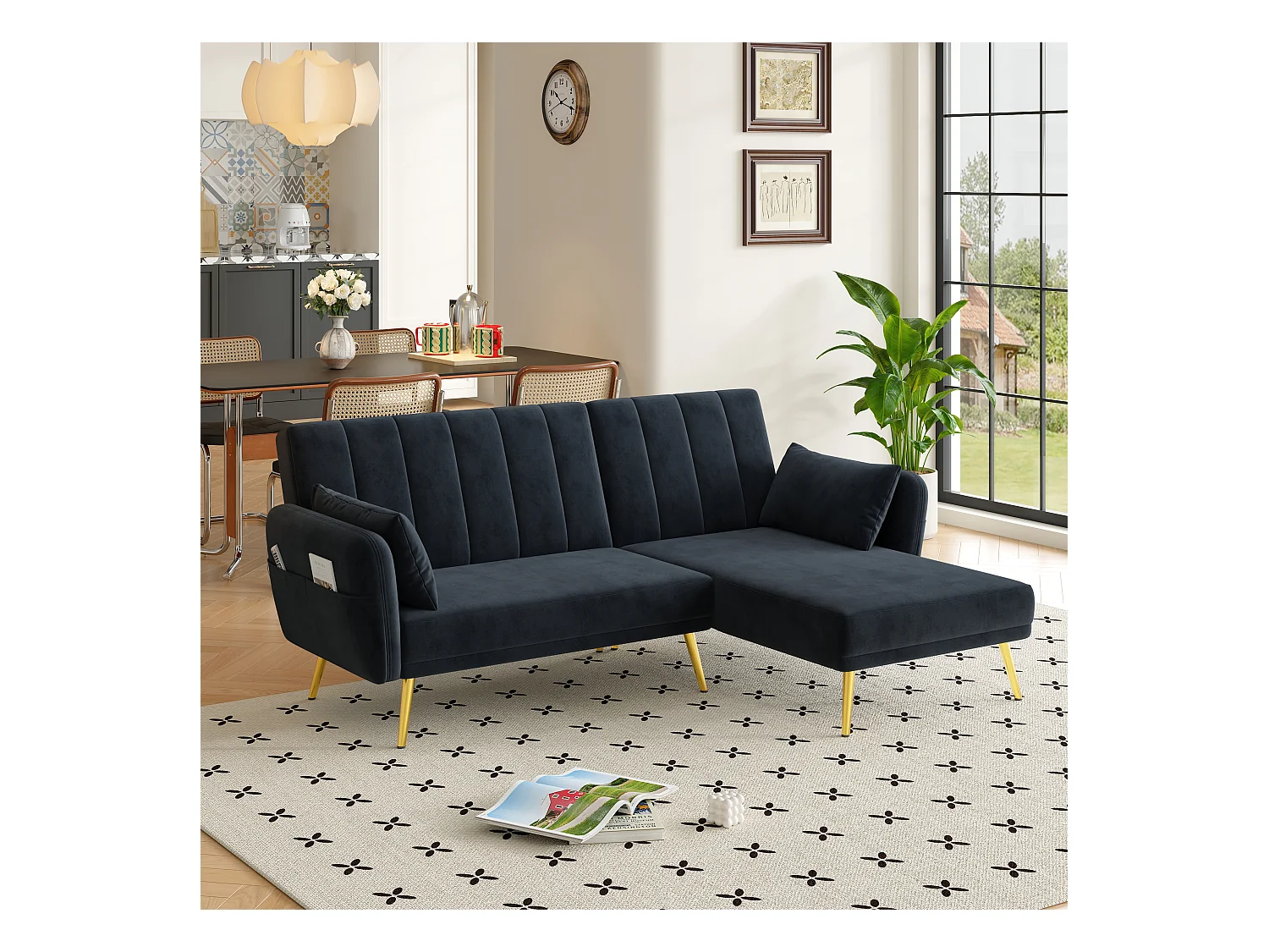 Multifunctionele slaapbank, L-vormig, zwarte fluwelen stof, met opbergruimte en 3 rugleuningposities (191,5x130,5x80 cm)