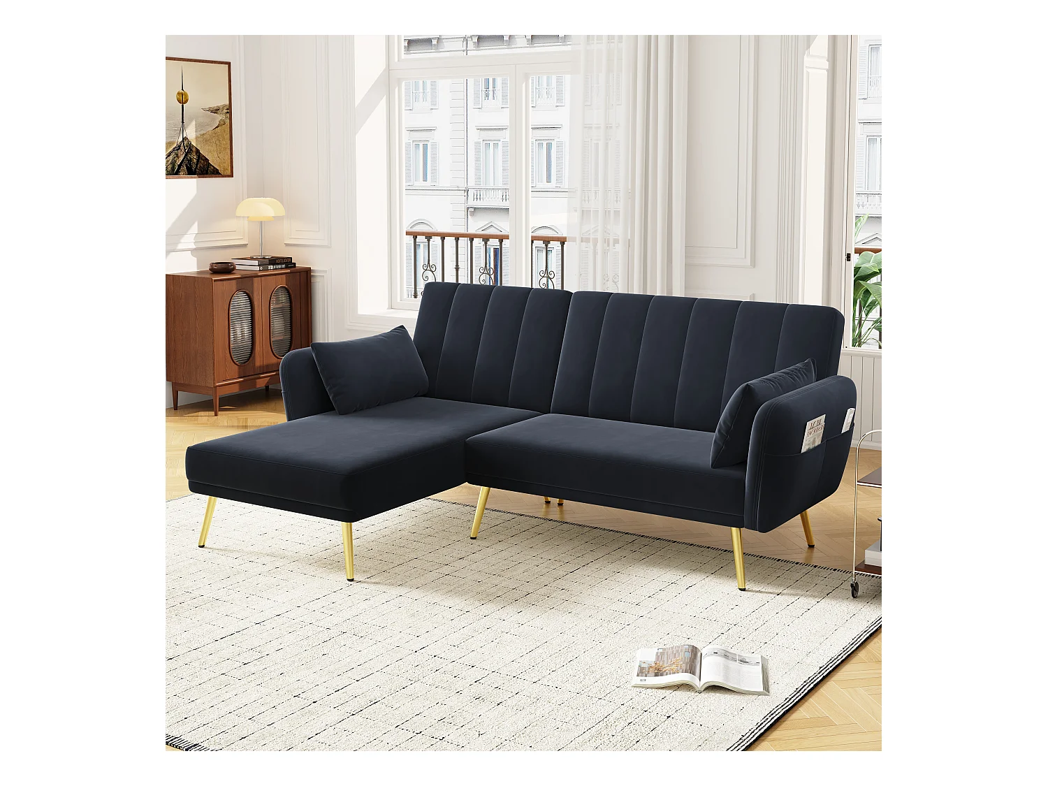 Multifunctionele slaapbank, L-vormig, zwarte fluwelen stof, met opbergruimte en 3 rugleuningposities (191,5x130,5x80 cm)