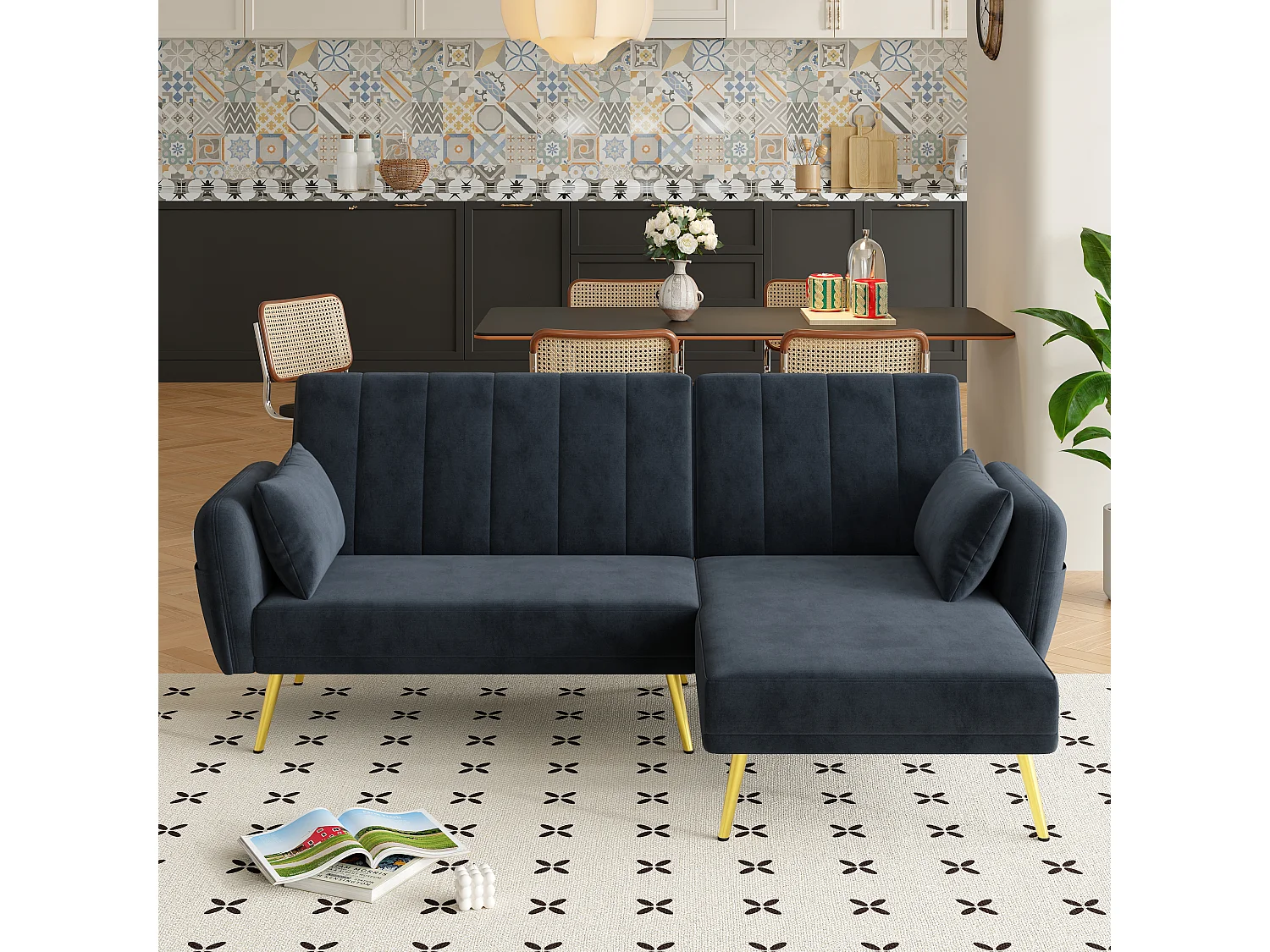 Canapé-lit multifonction, L-forme, tissu velours noir, avec rangement et 3 positions de dossier (191.5x130.5x80 cm)