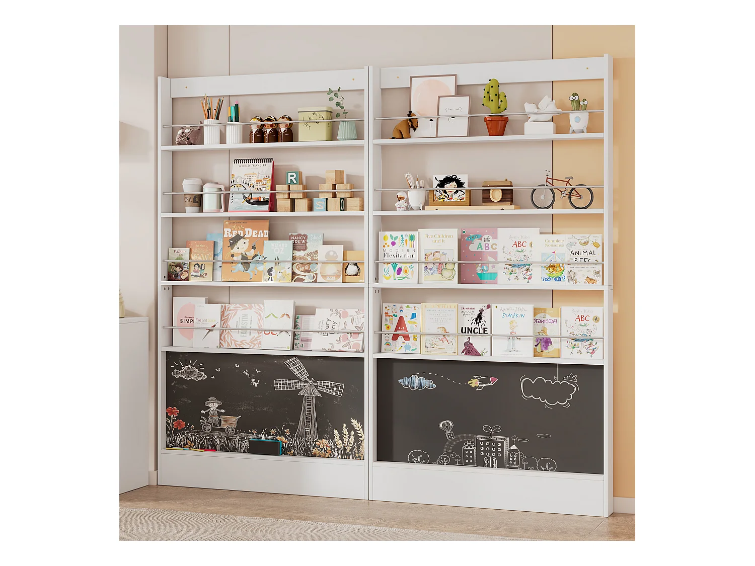 Półka dziecięca do przechowywania - 100 x 10 x 180 cm - 4 poziomy + tablica do malowania - MDF + Metal - biały