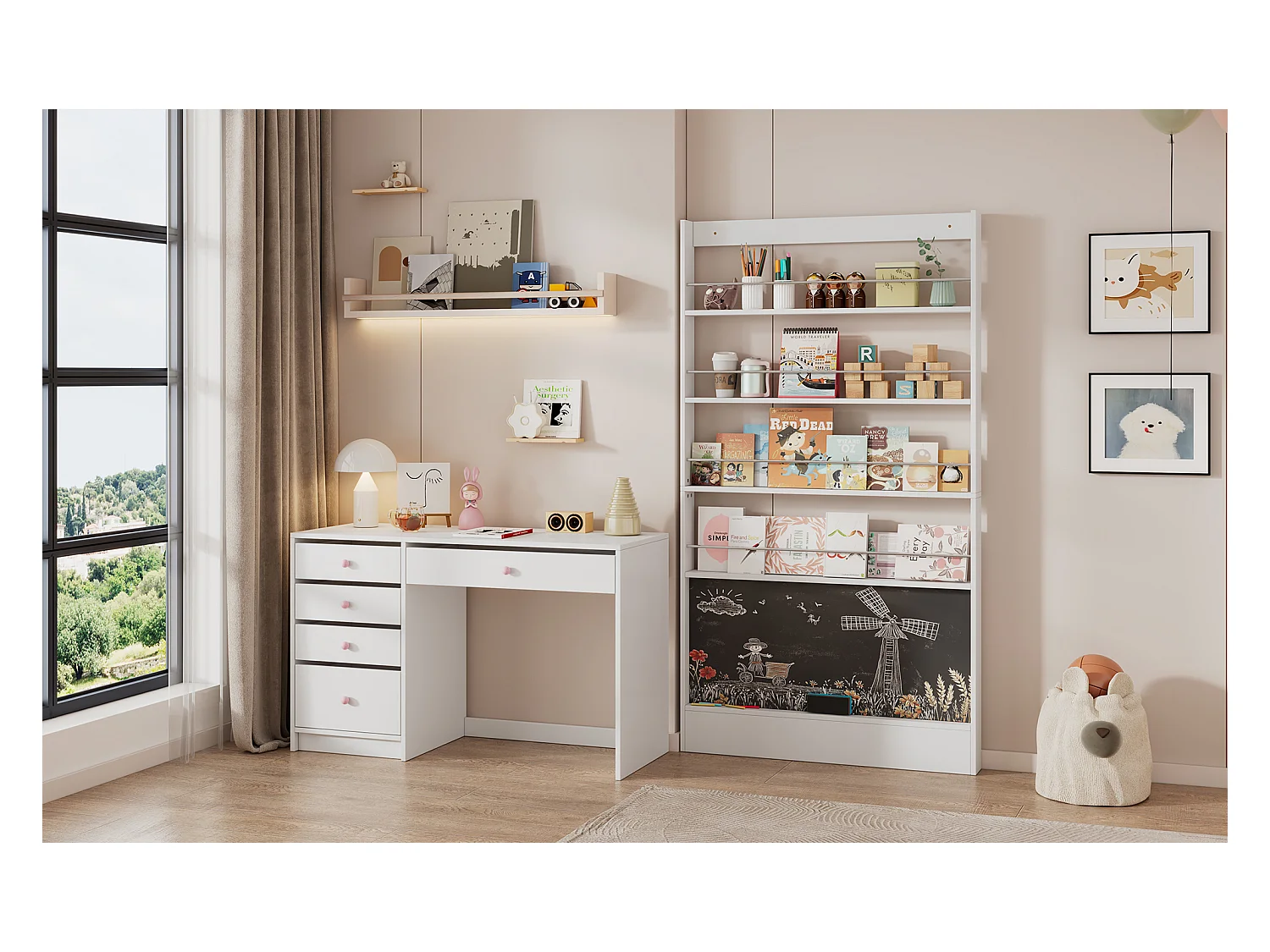 Półka dziecięca do przechowywania - 100 x 10 x 180 cm - 4 poziomy + tablica do malowania - MDF + Metal - biały