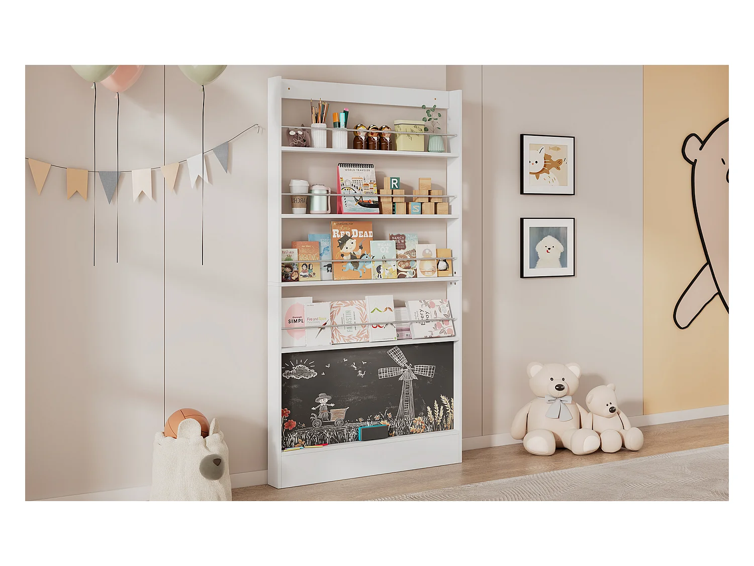 Półka dziecięca do przechowywania - 100 x 10 x 180 cm - 4 poziomy + tablica do malowania - MDF + Metal - biały