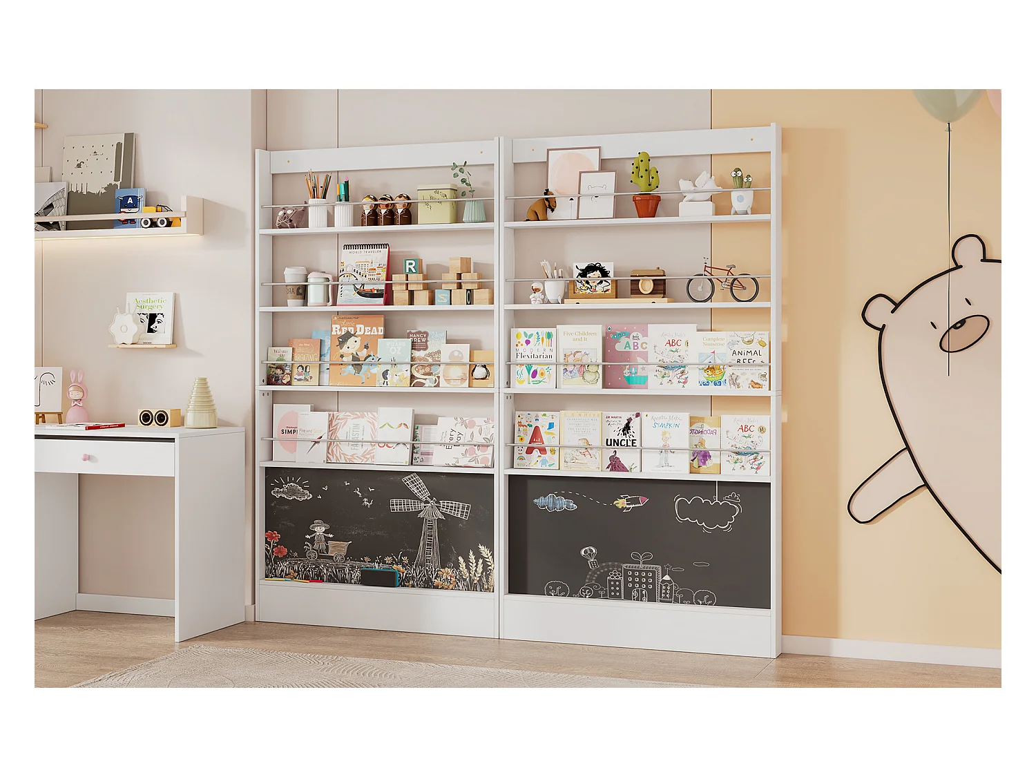 Półka dziecięca do przechowywania - 100 x 10 x 180 cm - 4 poziomy + tablica do malowania - MDF + Metal - biały